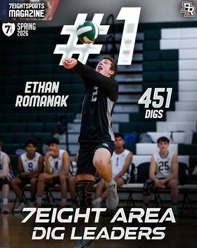 7EIGHT Sports Magazine graphic recognizing Ethan Romanak as an area dig leader with 451 digs