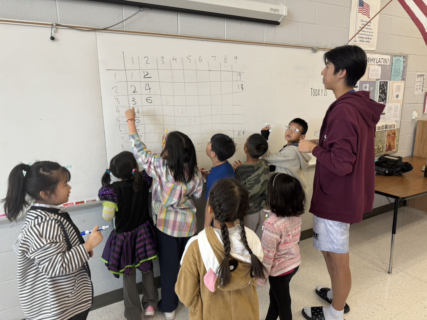 Students working through math problems together at a table