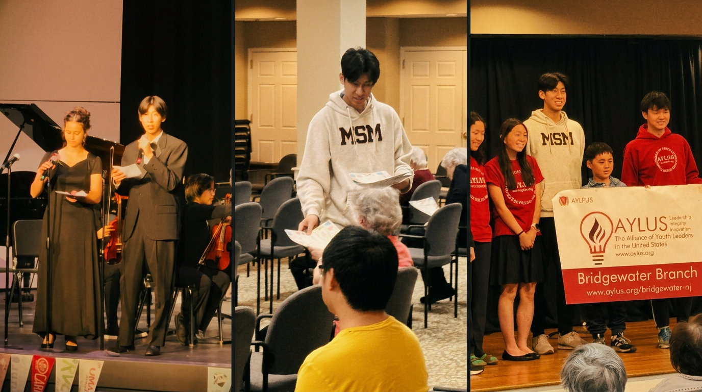 A triptych of Wesley at community events: speaking on stage, handing out programs at a senior center, and standing with his volunteer group