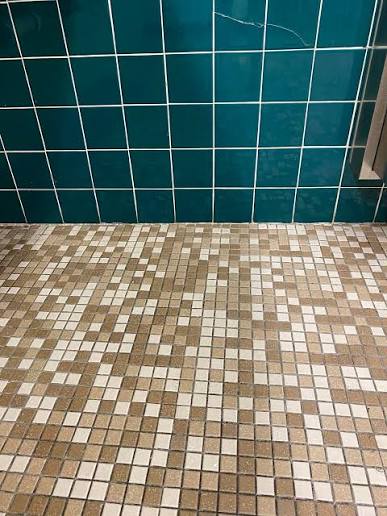 Mosaic tile floor of a YMCA swimming-pool locker room