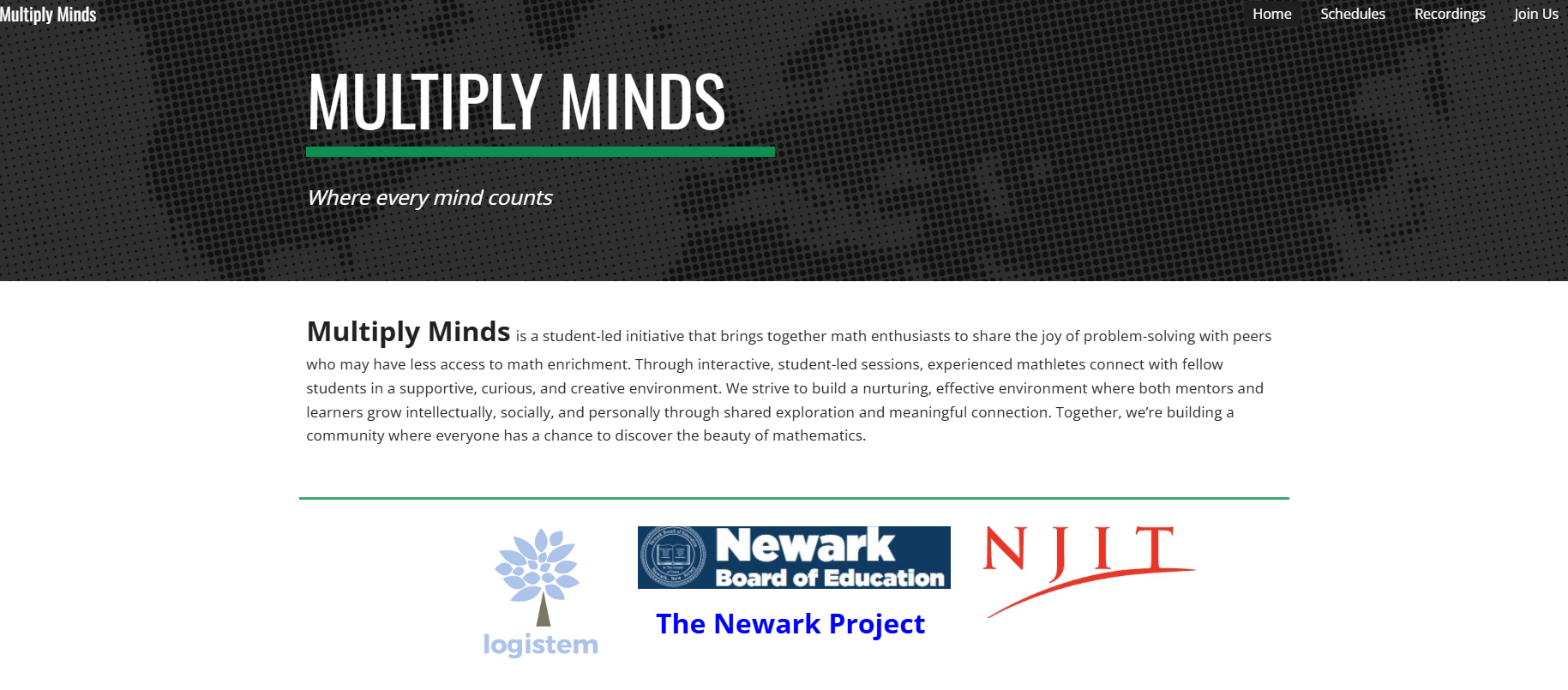 Multiply Minds program website showing the Newark Project partners